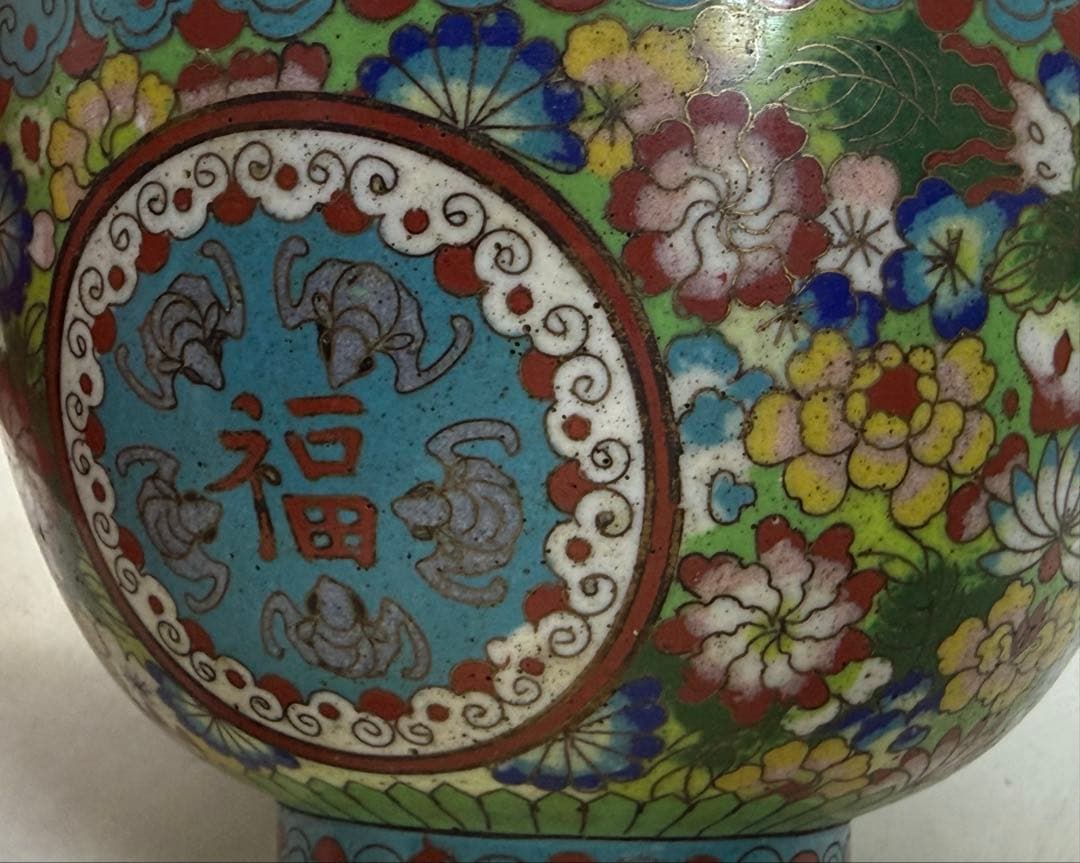 中国　民国期　七宝焼　福禄寿碗1対　景泰藍　送料込み251217