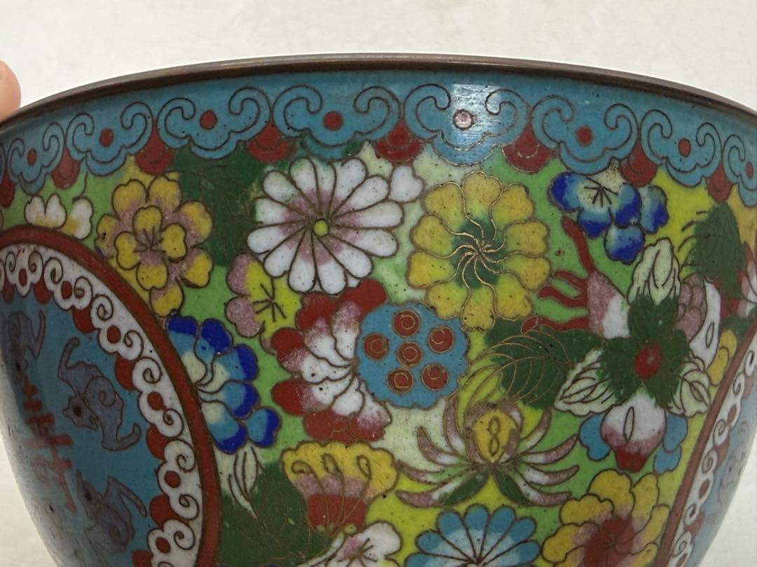 中国　民国期　七宝焼　福禄寿碗1対　景泰藍　送料込み251217