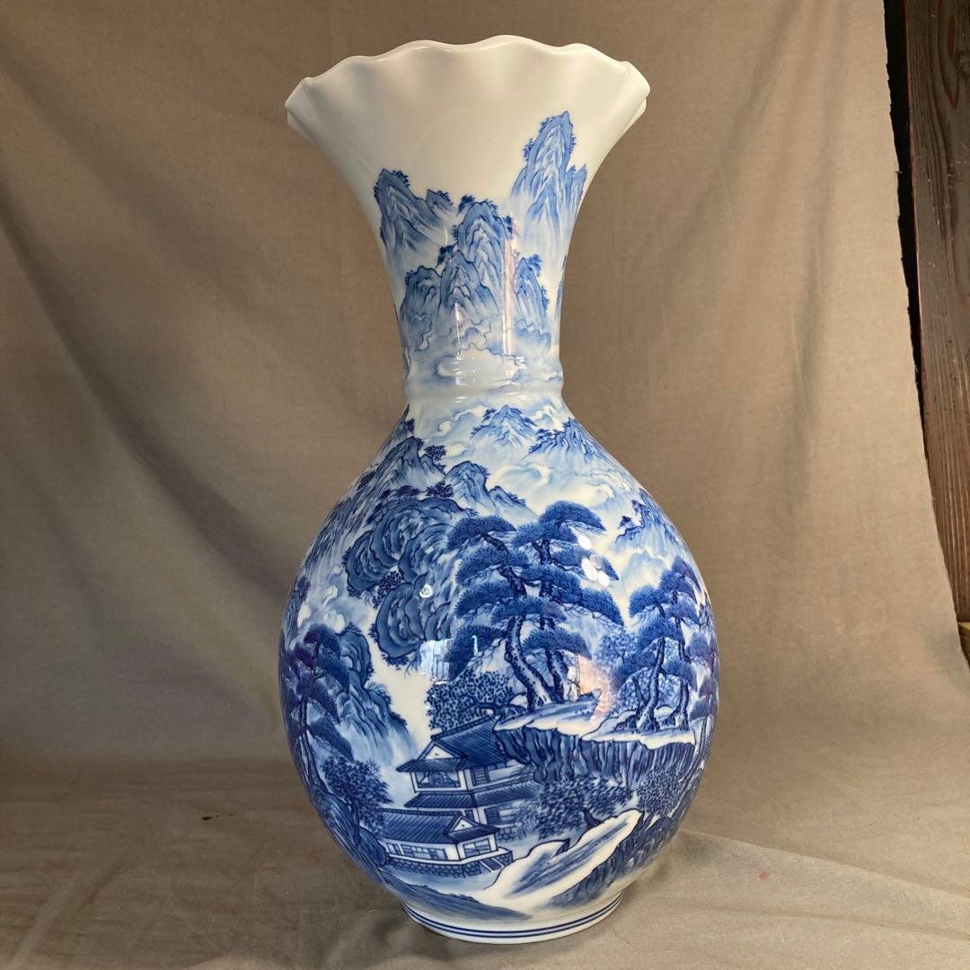 【彌左衛門】古伊万里の伝統　日本の名窯　松本彌左衛門作　染付廻り山水絵　大花瓶