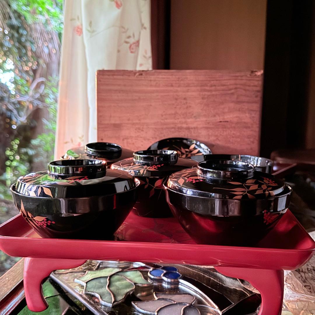 2192様感謝‼️JAPAN赤い実の南天蒔絵　明治32年‼️高台のない吸物椀 5客