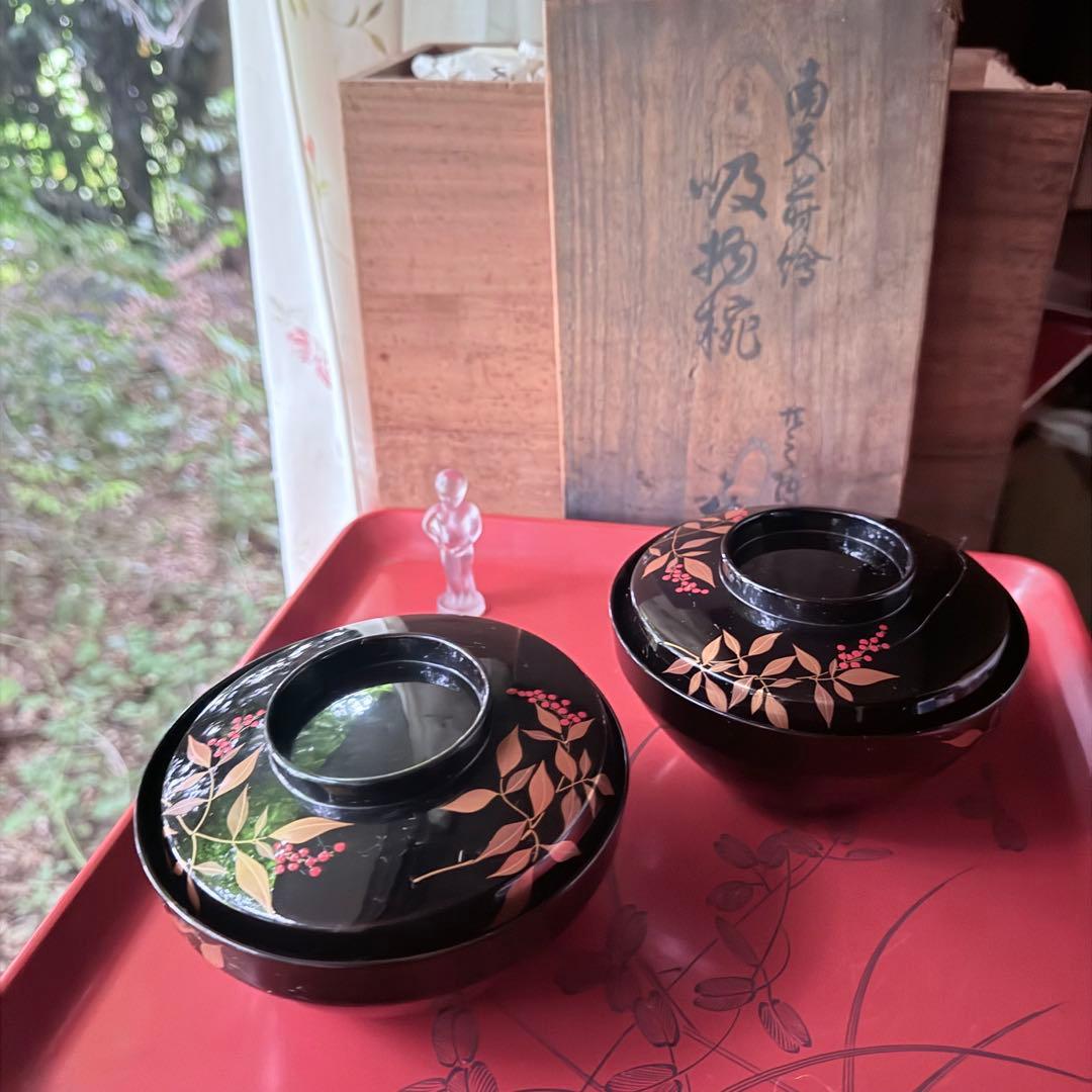 2192様感謝‼️JAPAN赤い実の南天蒔絵　明治32年‼️高台のない吸物椀 5客