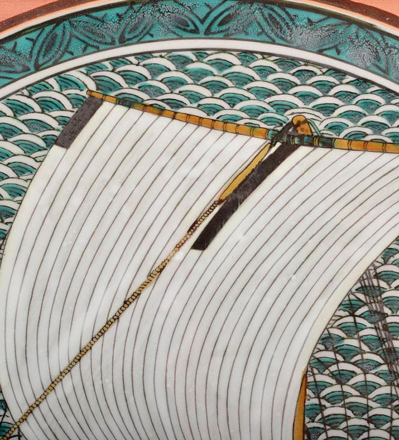 九谷焼名工 北村隆 青手九谷 北前船 帆船 飾皿 額装 D R6062B