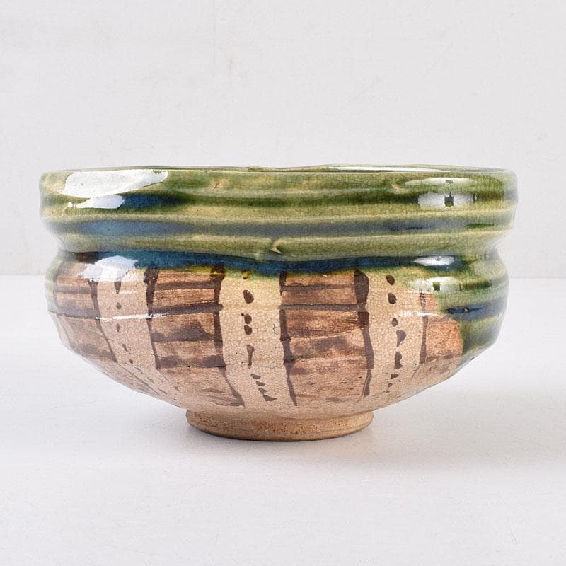 織部焼　古瀬戸窯　加藤作助作　手捻り茶碗　共箱　C　R8994