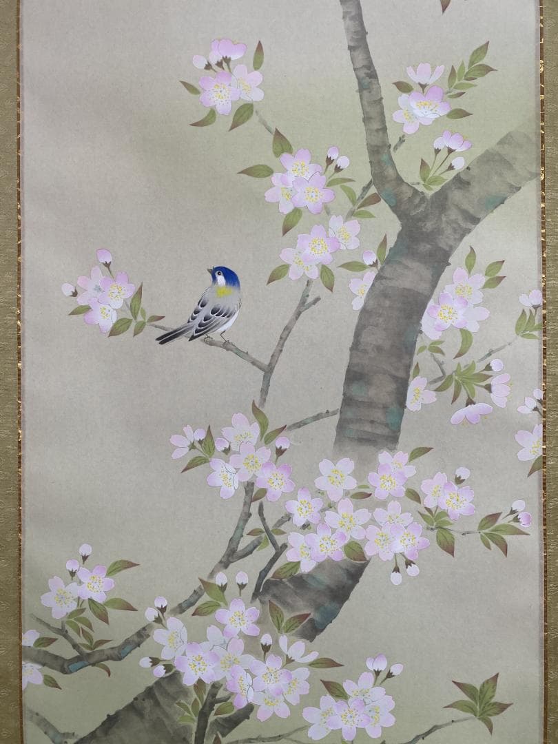 よ*ん様 小西春玲『桜に小禽』美術年鑑掲載 絹本 共箱 さくら春花鳥 掛軸250