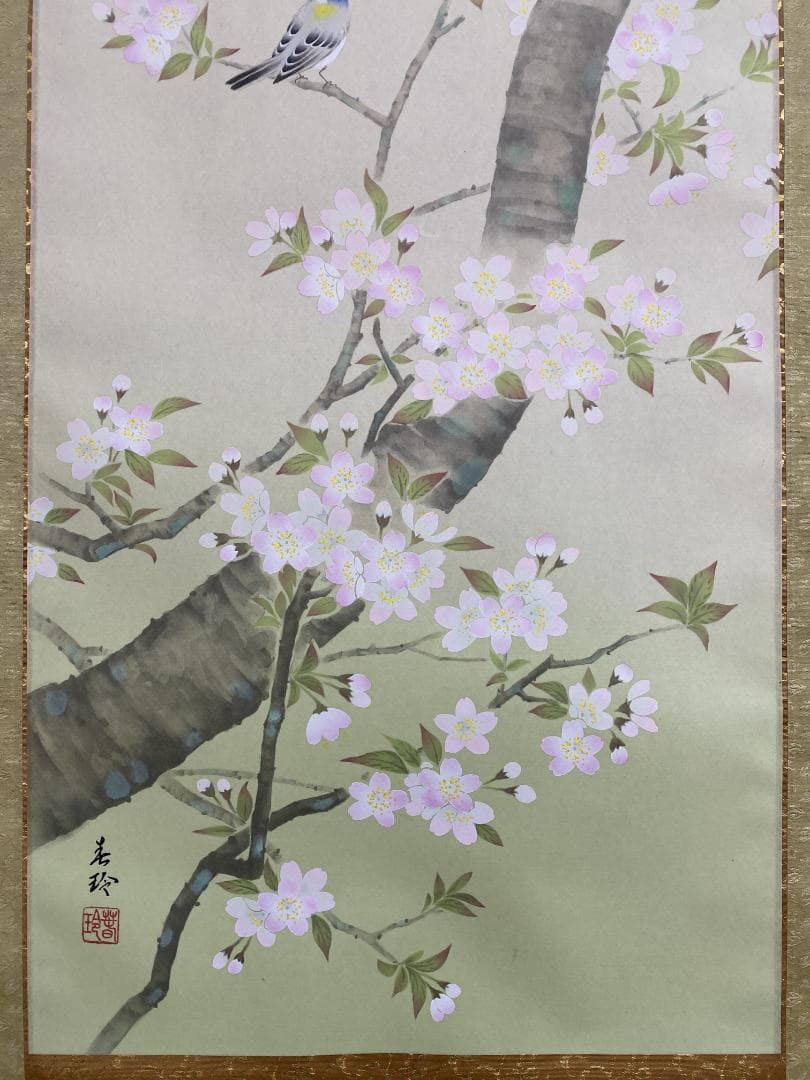 よ*ん様 小西春玲『桜に小禽』美術年鑑掲載 絹本 共箱 さくら春花鳥 掛軸250