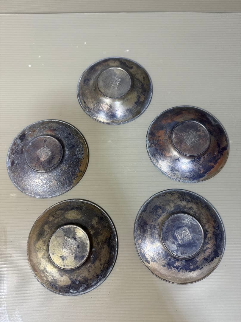 2257  時代　茶托　5客　龍文鳳凰　古銅　茶道具　金属工芸