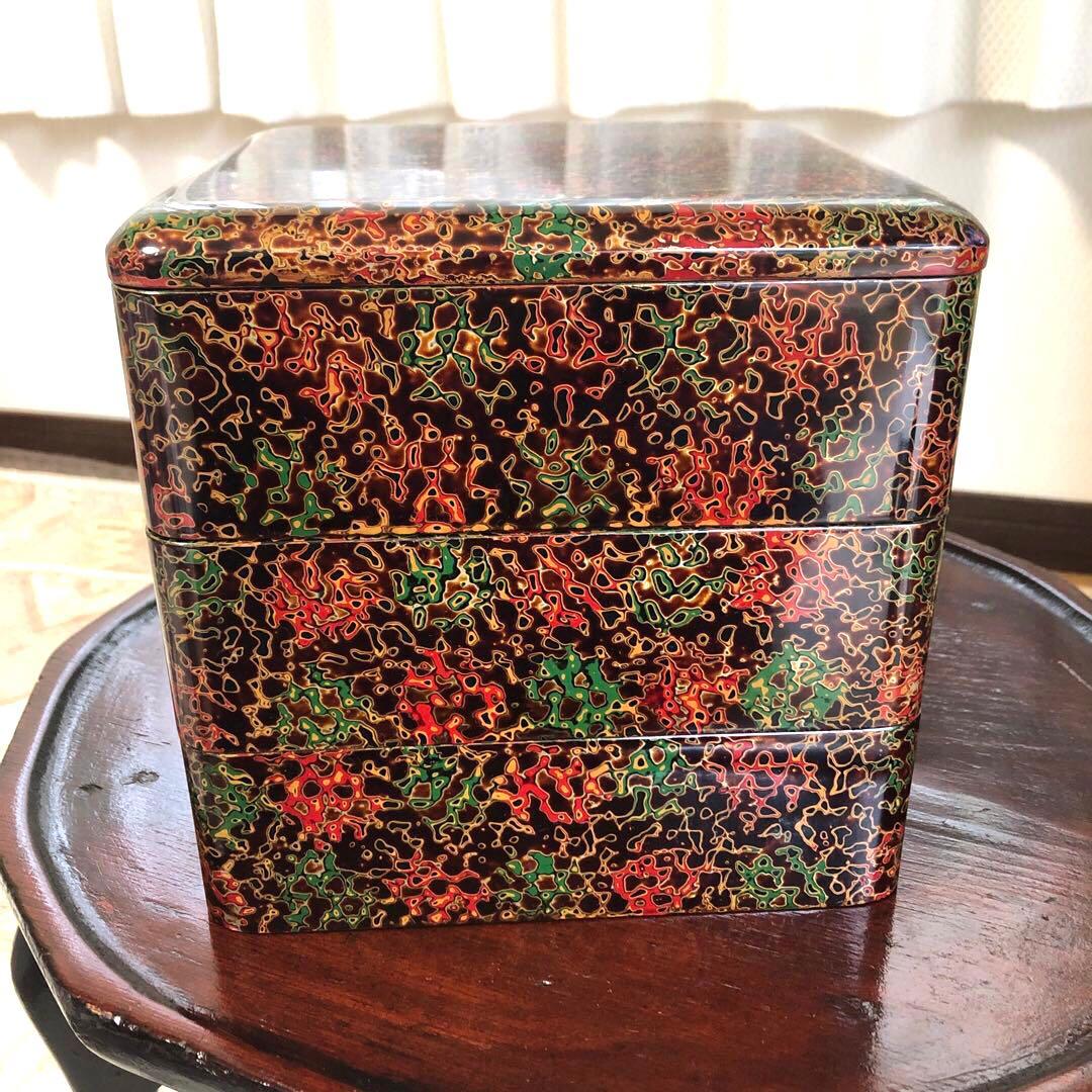 津軽塗重箱三段唐塗漆器天然木未使用保管品