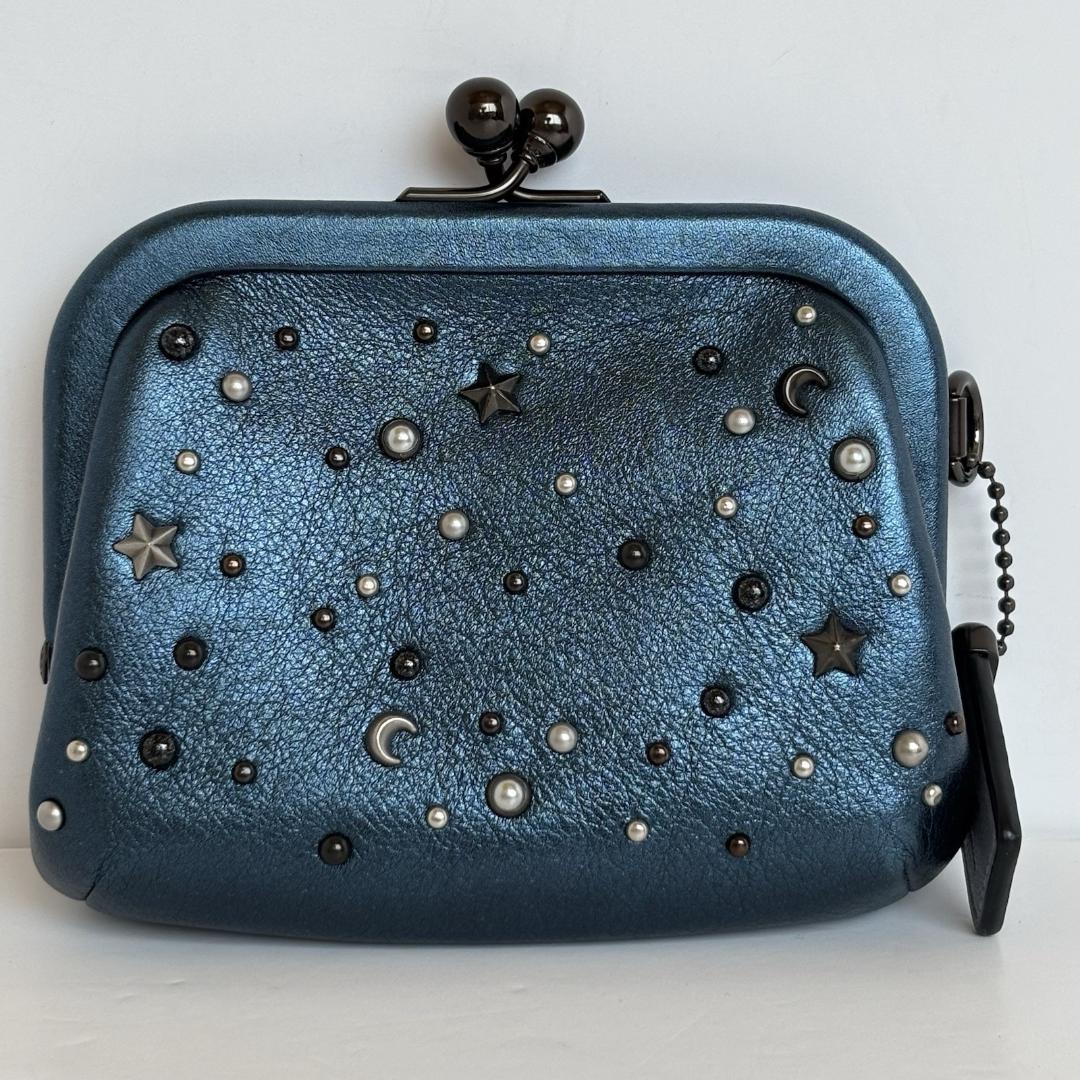 コーチ　水原希子　がま口　小銭入れ　財布　メタリックブルー　75947