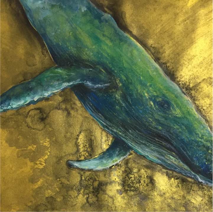 黄金の海を泳ぐクジラ、ゴールド色の画用紙、25,5cm×36,5cm