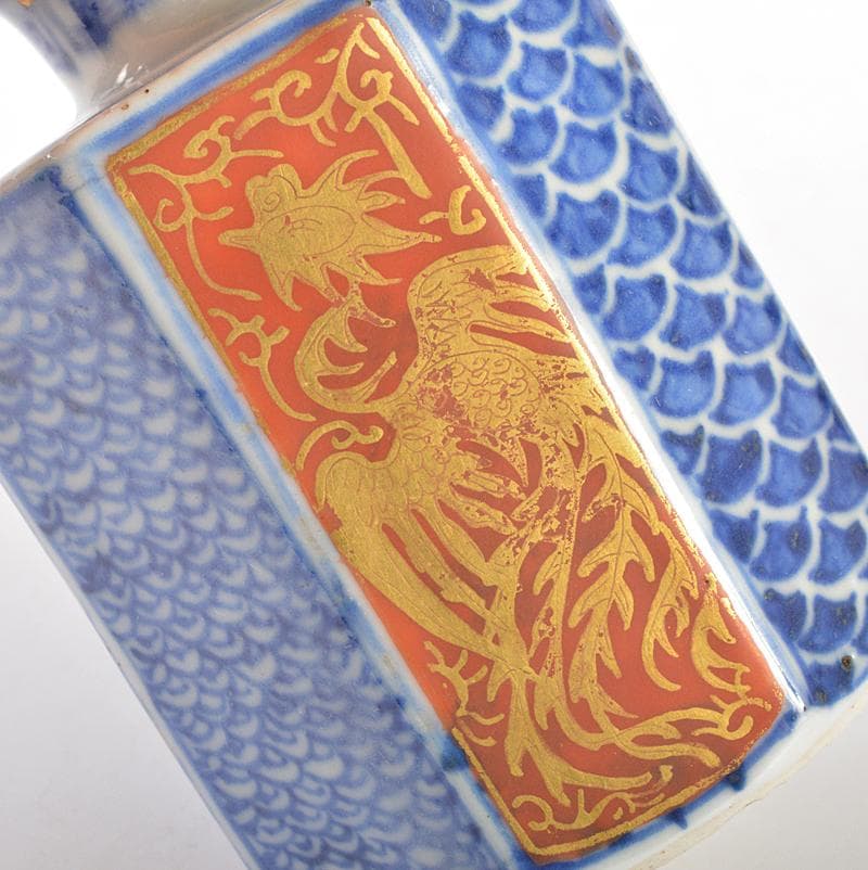 伊万里焼 古伊万里 色絵金彩 祥瑞鳳凰文 六角振出 時代箱付 V R6735