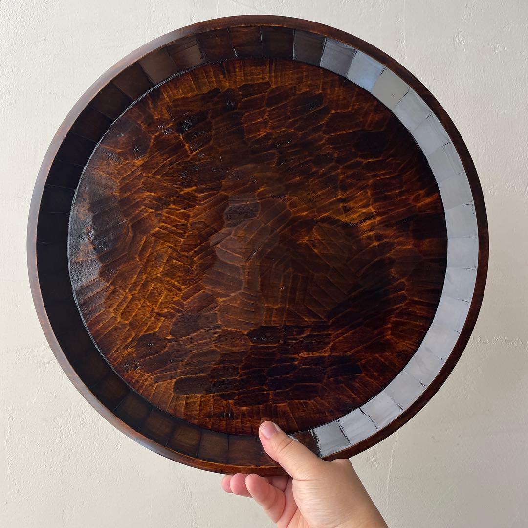 木製　名栗加工　丸盆　大型　古道具風　鑿跡　荒削り　ワイルド　古材風