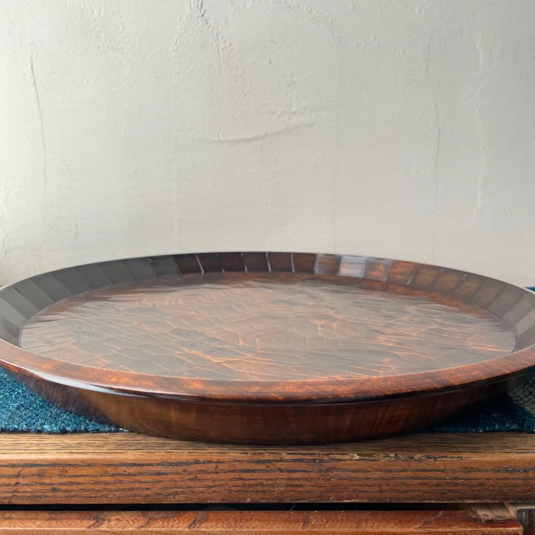 木製 名栗加工 丸盆 大型 古道具風 鑿跡 荒削り ワイルド 古材風