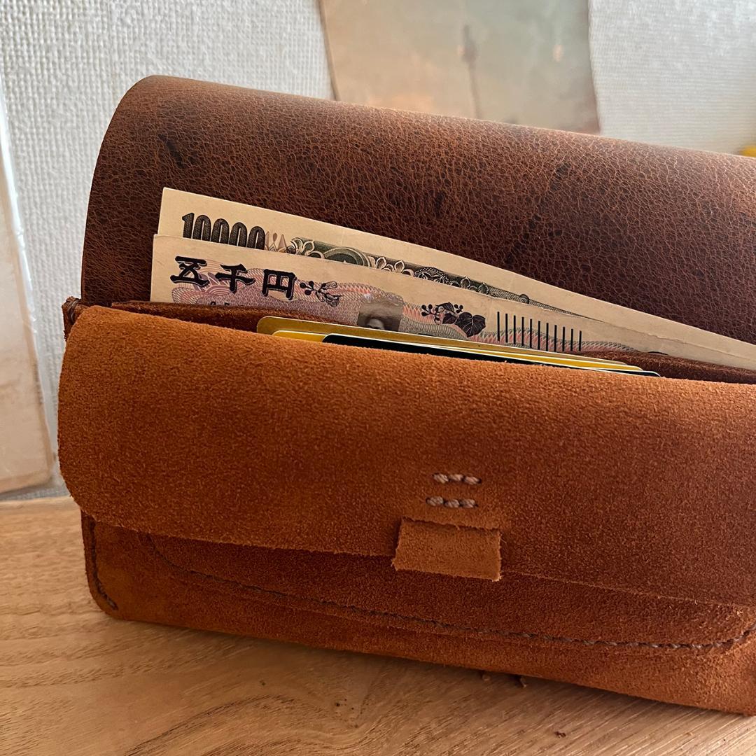kudu革長財布 スエード ケース付き ２点セット キャメルカラー 一点物