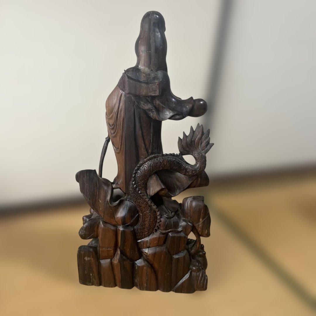 お値下げ】木彫 観音菩薩 木製 龍 彫刻 仏像 天女 置物 オブジェ