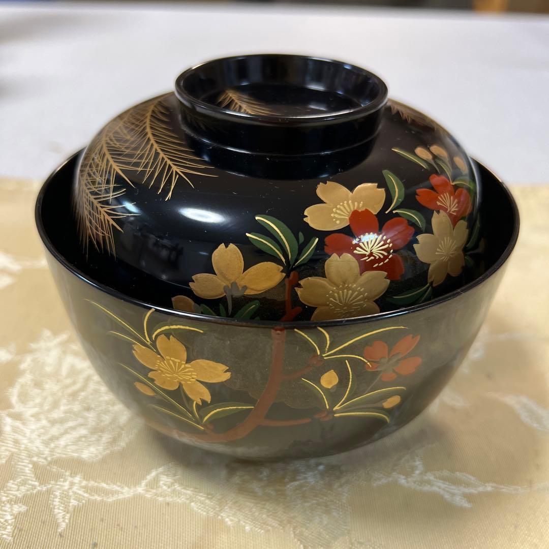 未使用】輪島塗 大向高洲堂 黒呂色 亀甲松沈金 煮物椀5客 雑煮椀/合鹿