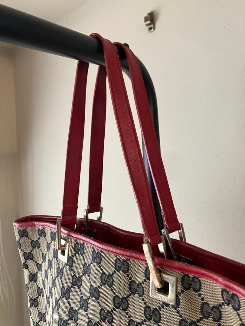 鑑定済み GUCCI グッチ GGキャンバス トートバッグ ベージュ レッド 赤