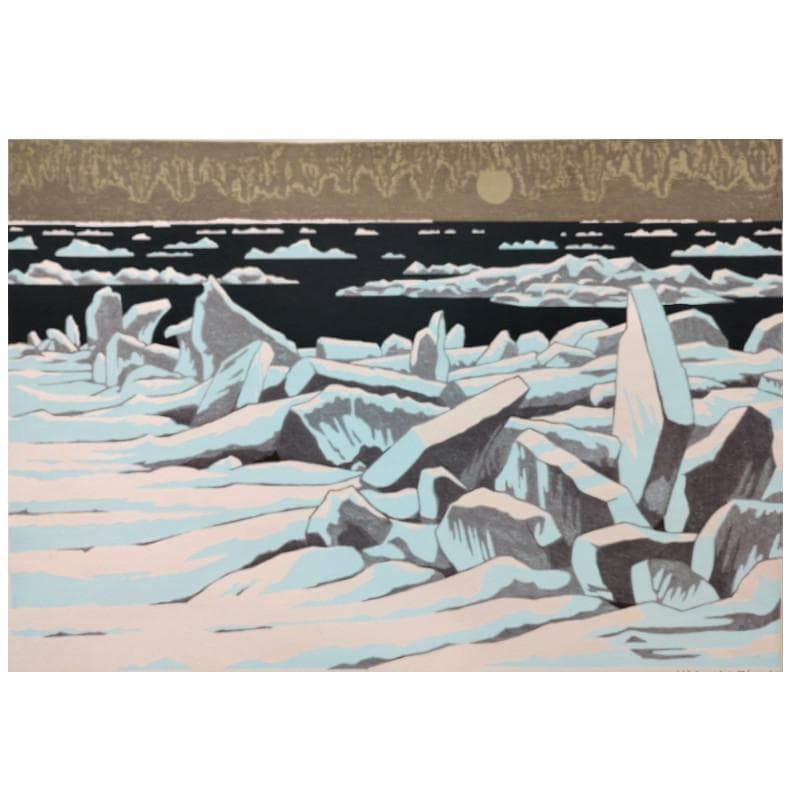 ☆ 大本 靖 ☆「流氷のオホーツク」木版画 小全紙 A.P 未使用額！