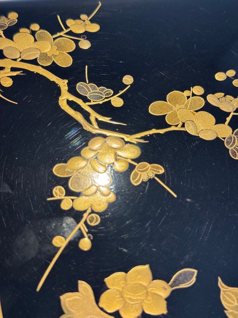 時代漆器 研ぎ出し草花蒔絵 五段重箱 二枚蓋 木瓜紋 保管箱