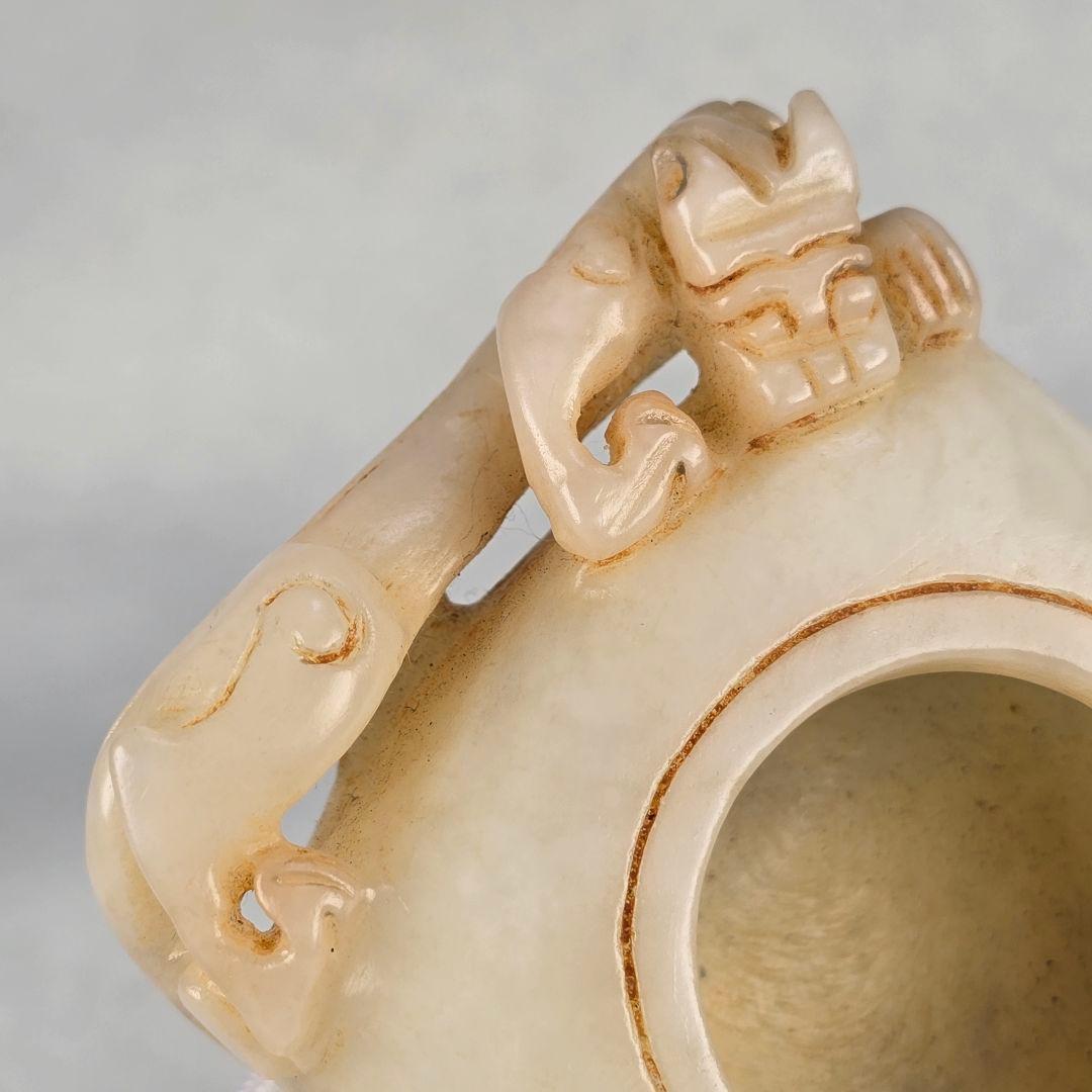 古文房具 本物和田白玉 原石 手彫 清代 双龍出郭 筆洗 筆