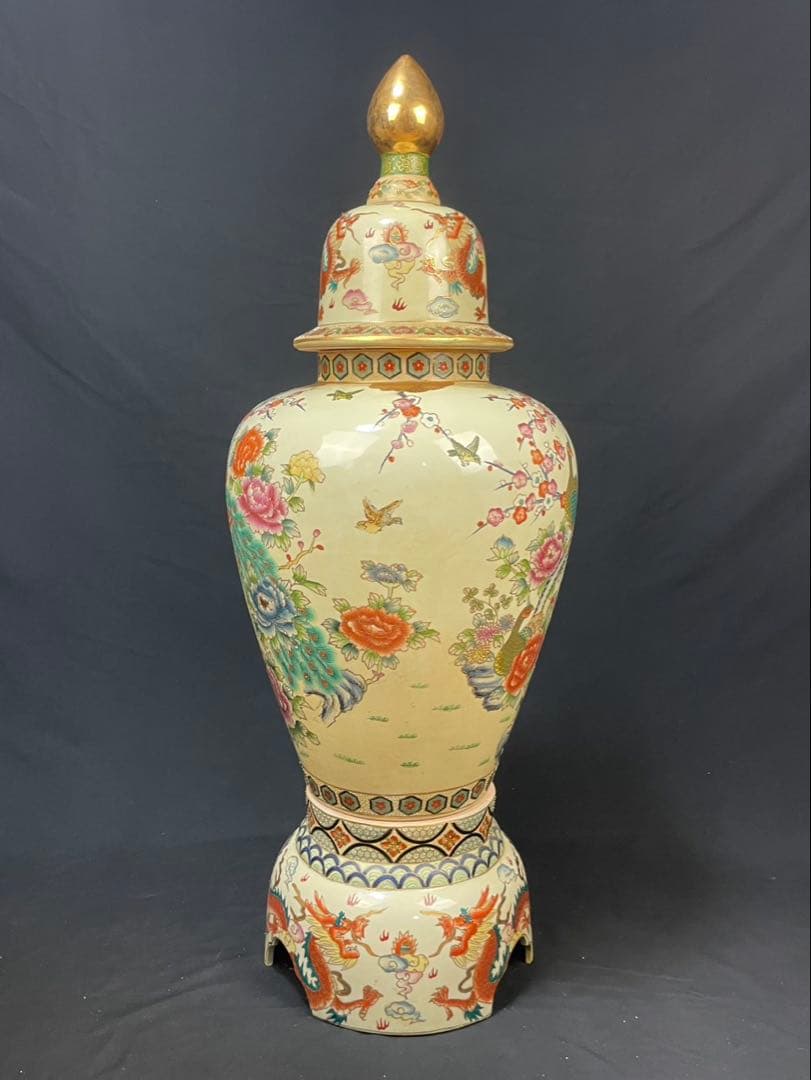 薩摩 沈香壺 龍 花鳥図 高さ約107cm 飾壺 特大花瓶 牡丹 孔雀 金彩