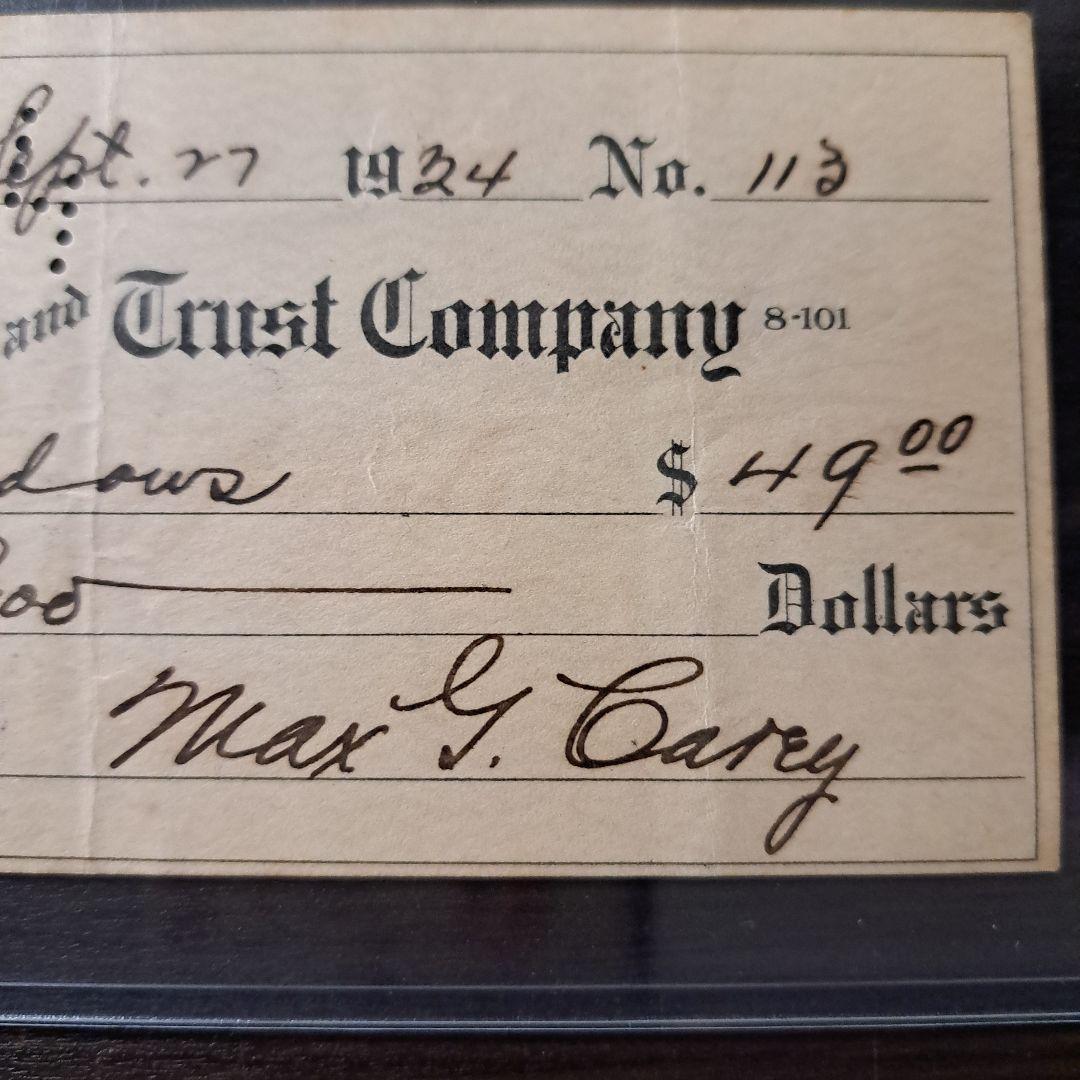 マックス・キャリー 直筆サイン 1934年 小切手 MLB 野球殿堂 HOF