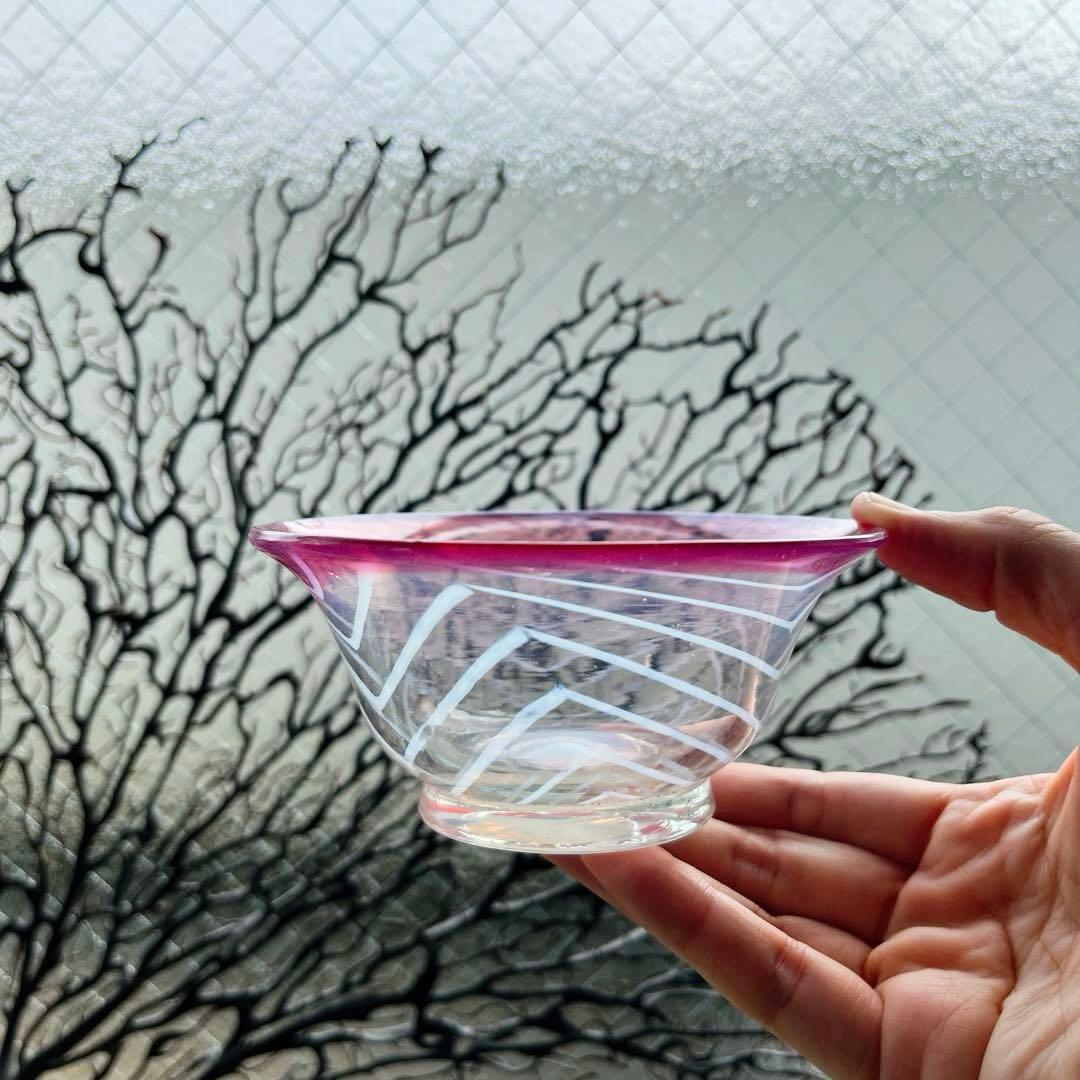 骨董 時代ガラス 超希少 金赤フチ 反り口 澤瀉紋 氷コップ 氷