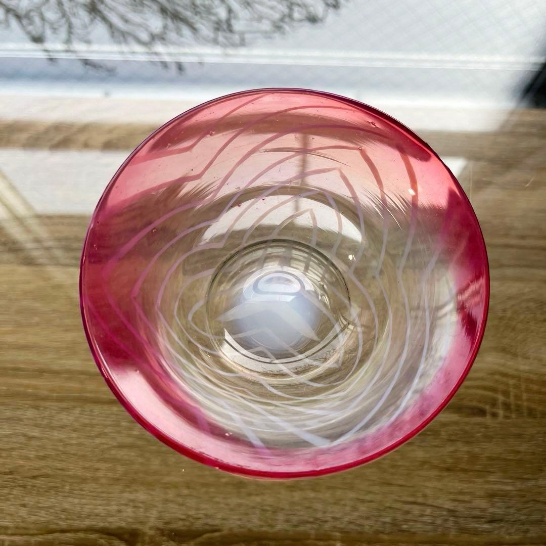 骨董 時代ガラス 超希少 金赤フチ 反り口 澤瀉紋 氷コップ 氷