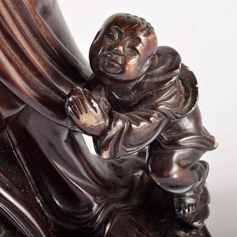 中国 玉石蝋石 唐子観音像 置物 唐木台付 M R4735