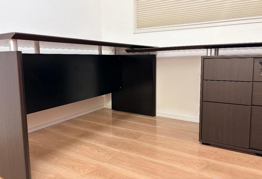 ダークブラウン L字型パソコンデスク 引き出し付き