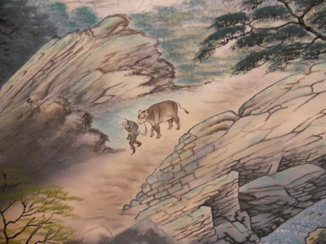 掛け軸 忠義 彩色山水 絹本 希少 軸装 茶道具 掛軸 美品 二重化粧箱