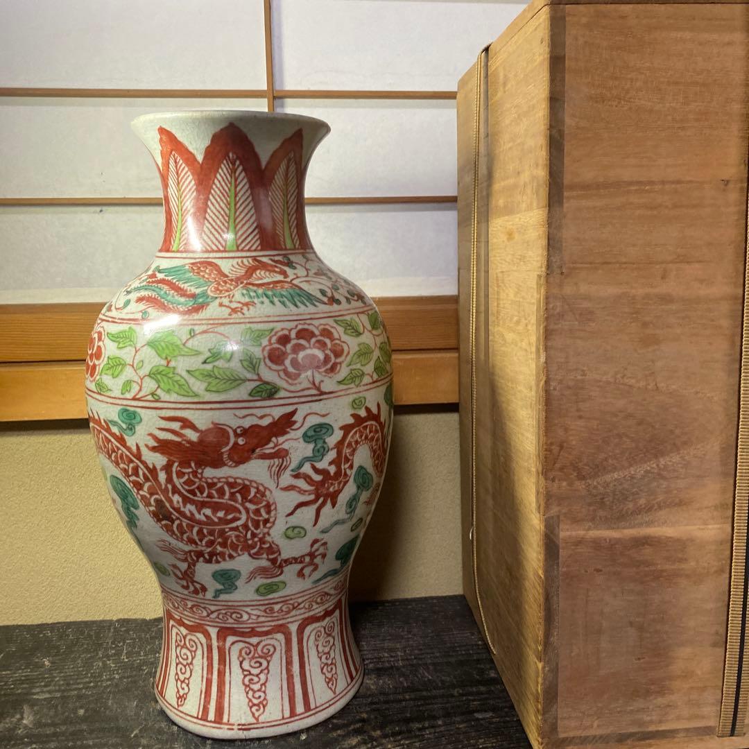 中国古玩　色絵鳳凰龍図花瓶【桐箱付】 中国古玩色絵鳳凰龍図花瓶【桐箱付】