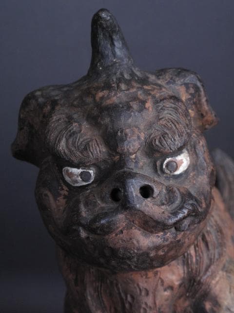 時代 焼物 優品!!『狛犬 阿吽一対』高 阿形23㎝ 吽形26㎝
