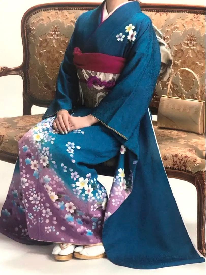 ☆ 成人式 正絹 振袖 ☆ 青 フルセット ブルー系 ヴィンテージスタイル