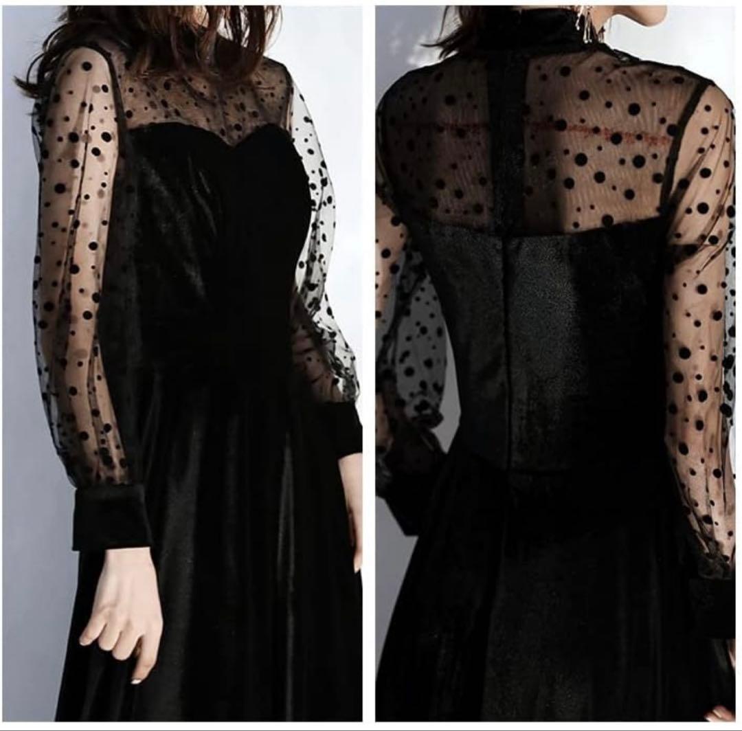 【新品】ブラック レーススリーブ マキシドレス/ベルベットバージョン