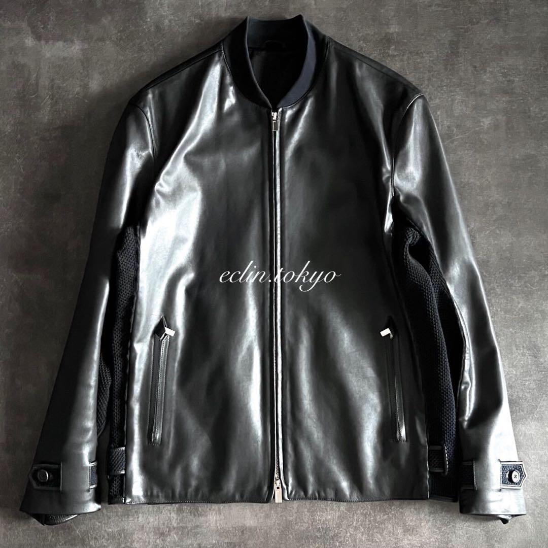 HERMES 《ニット切替》シングル レザー ライダース ジャケット E4704