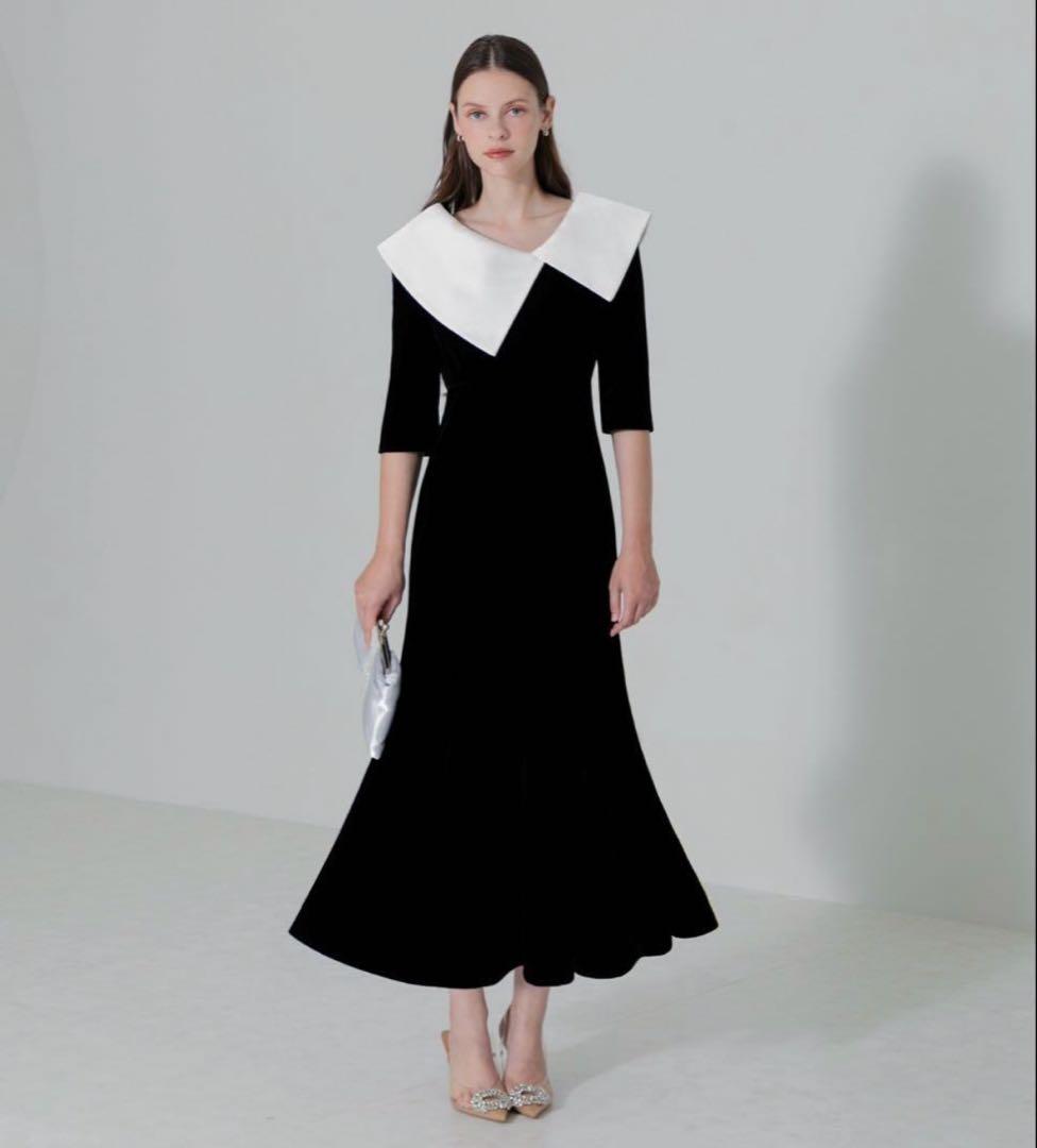 Leja アシンメトリービッグカラーベロアマーメイドワンピースドレス 当日発送】アシンメトリービッグカラーベロアマーメイドドレス