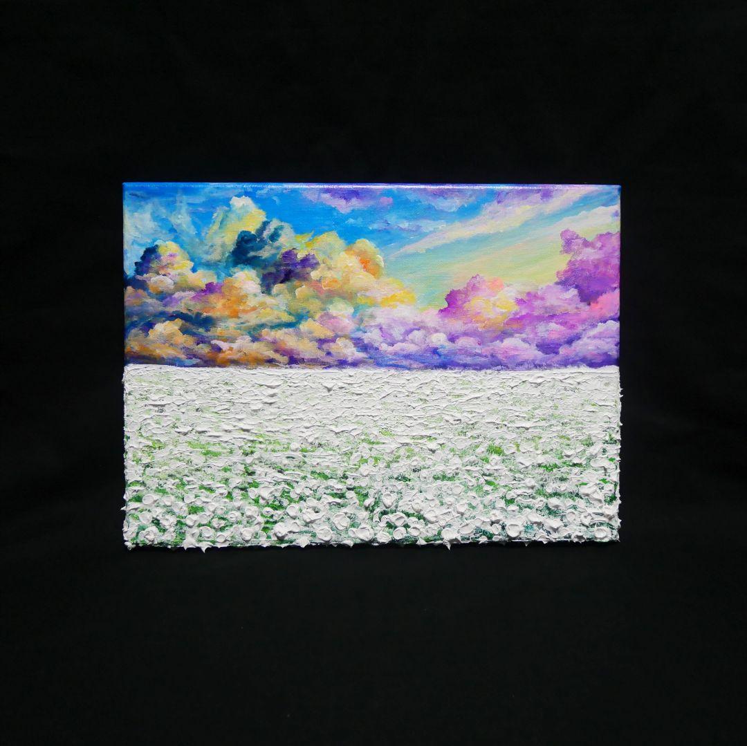 油絵 油彩 油彩画 絵 絵画【朝焼けの草原に咲く白い花と朝日】