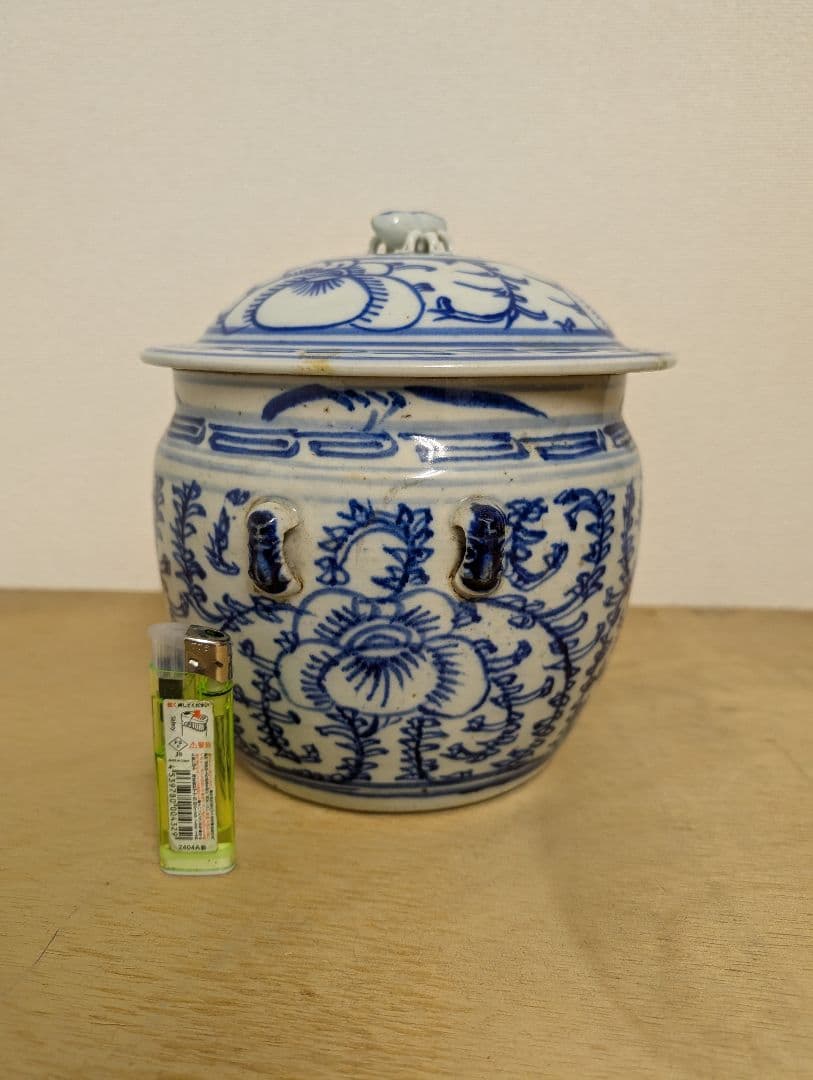 中国古陶磁 青花蓋罐 清末頃 花文 蓋壺 古美術 時代物