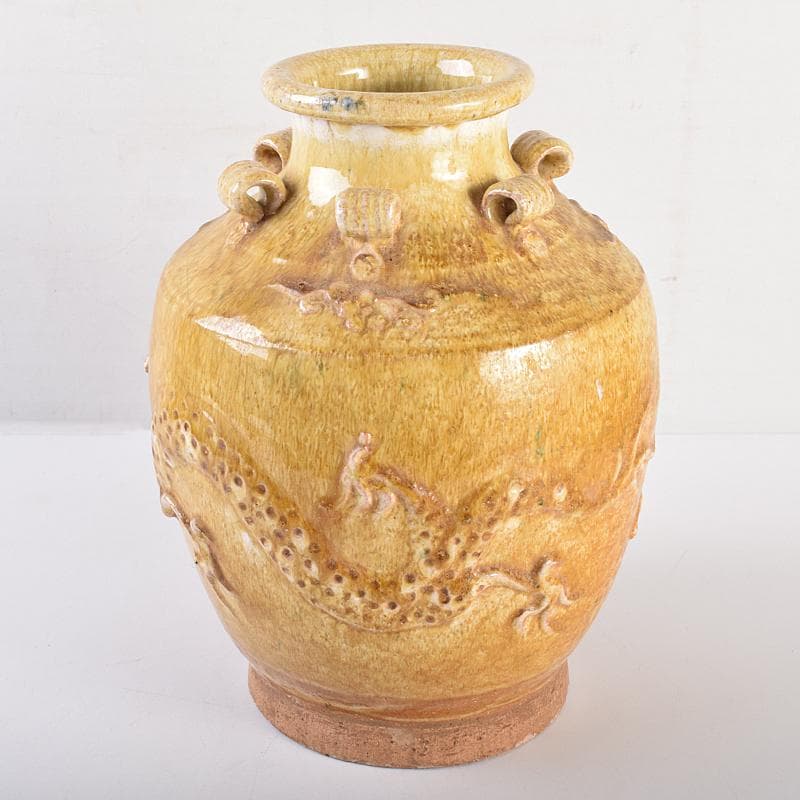 中国　黄釉　貼龍鳳凰文　六耳瓶　C　R7669B