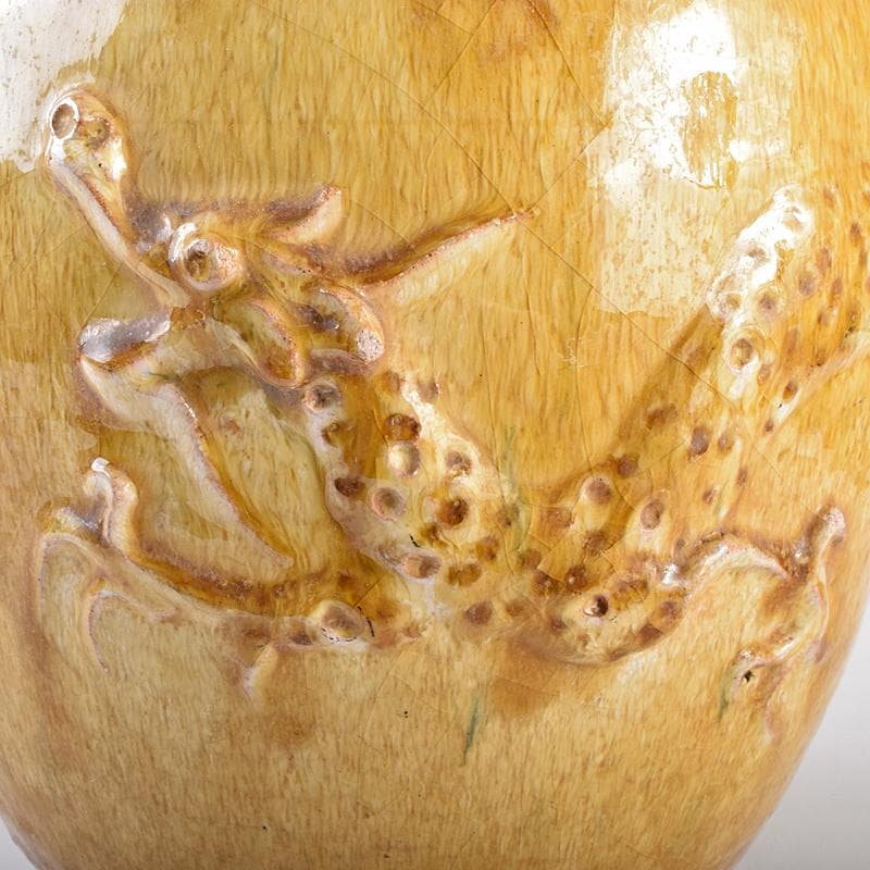 中国　黄釉　貼龍鳳凰文　六耳瓶　C　R7669B