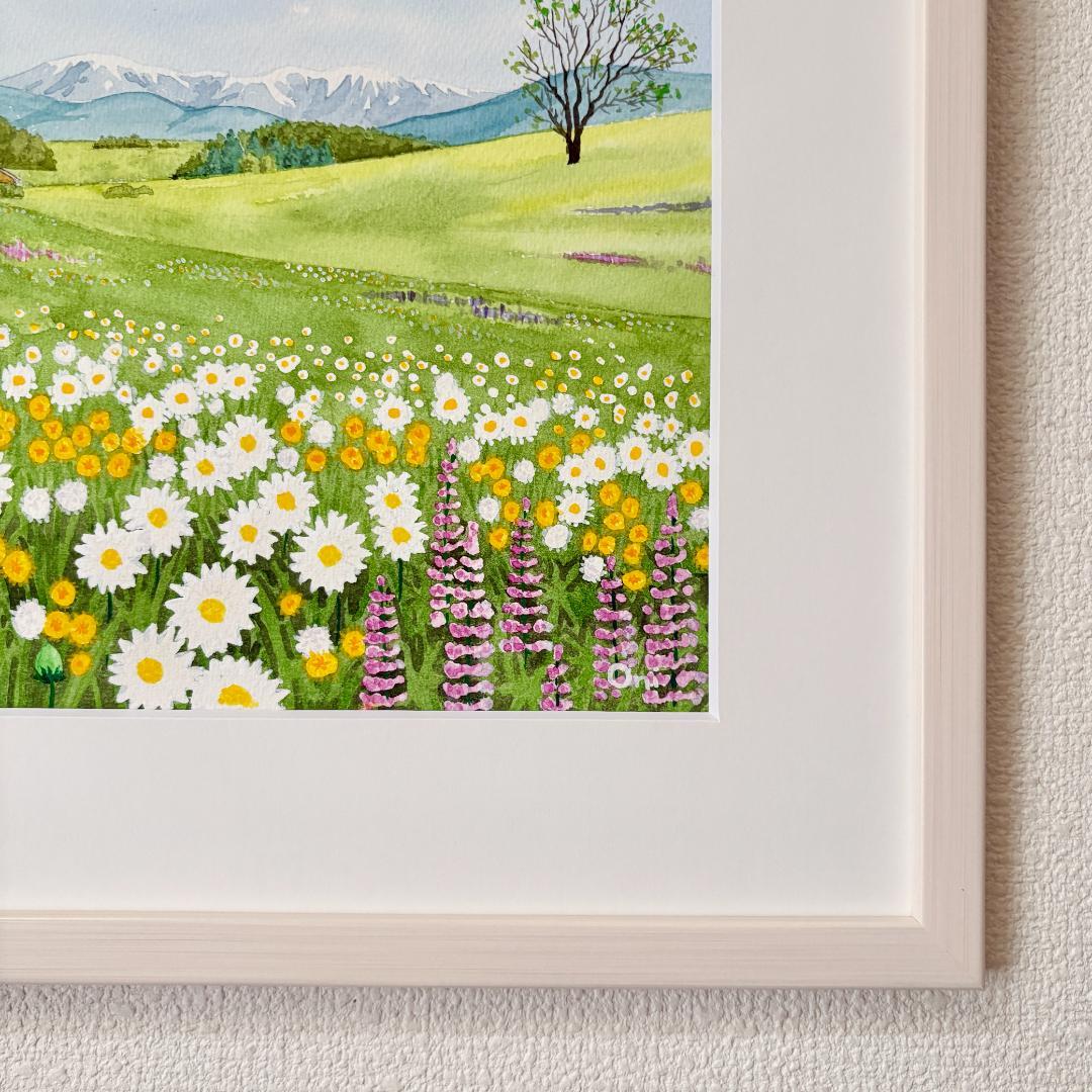 アクリル画原画「野花の咲くフィールド05」額縁付きF4サイズ風景画
