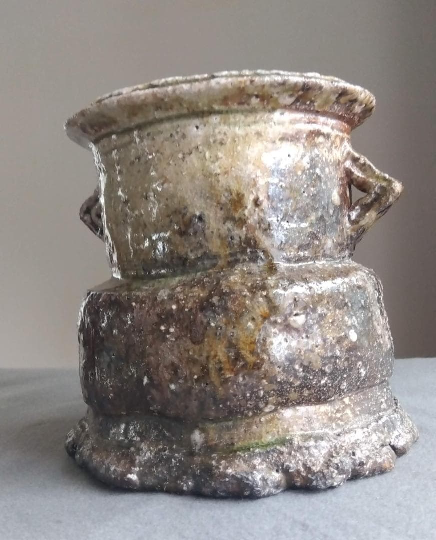 信楽焼 自然灰釉究極美逸品 谷清右衛門 茶道具伊賀写 双耳