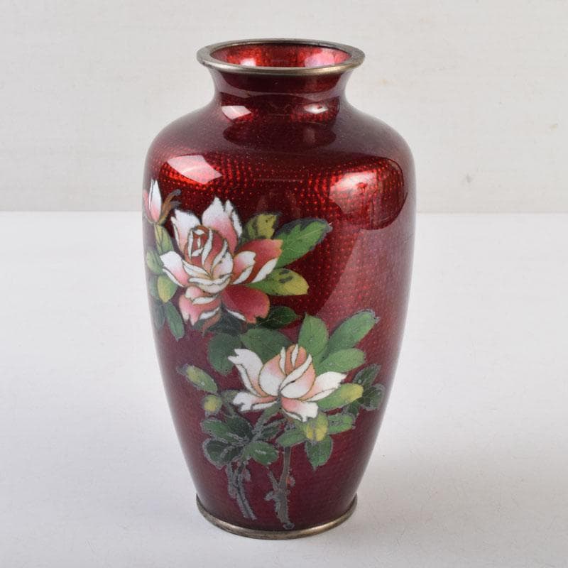 七宝焼　赤透釉　花文　花瓶　V　9018 七宝焼 赤透釉 花文 花瓶 V 9018 美術品・アンティーク・コレクション