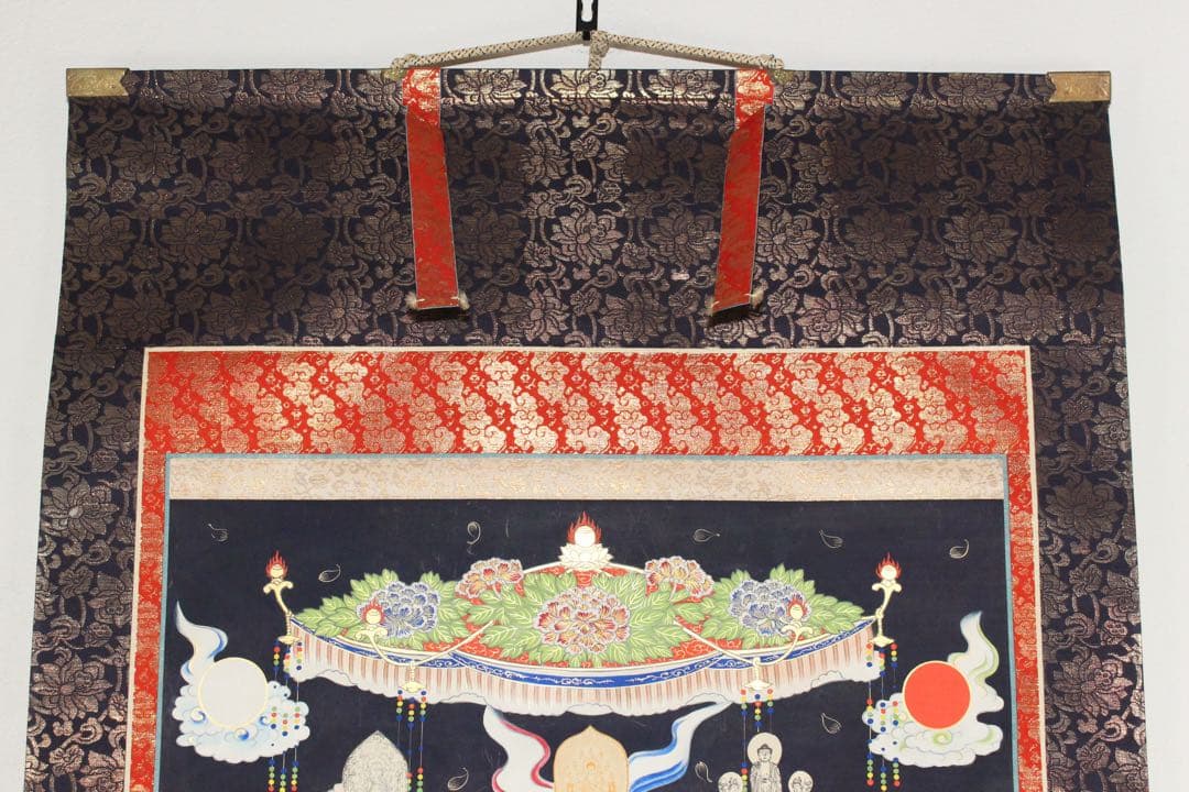 No5402 掛軸 西国三十三所御集印霊幅 紙本 紺紙金泥 木箱付 送料無料