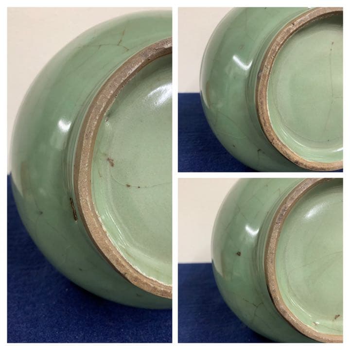 中国古美術 宋時代龍泉窯弦紋瓶，共箱： C-3-3 中国古美術 宋時代龍泉