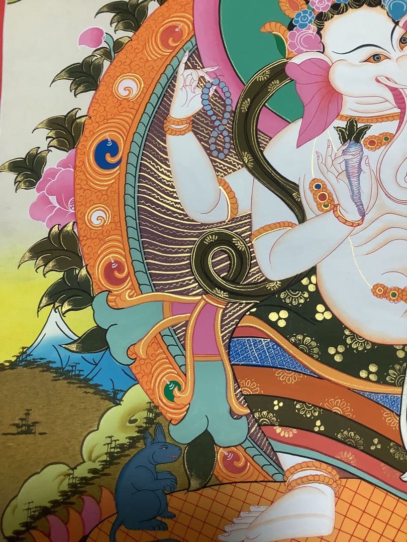 《 チベット密教　新品 》 ガネーシャ　タンカ　曼荼羅　手描き　1点物　金運