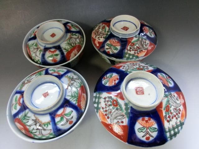 蓋物□赤絵 染錦 古伊万里 4客 窓花唐草絵 古い蓋茶碗(