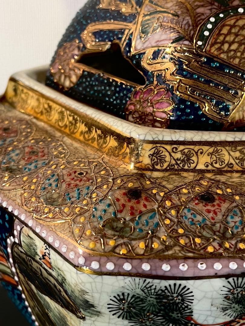 薩摩焼 特大三足香炉】金爛手 花詰図 金獅子 陶磁器 美術品