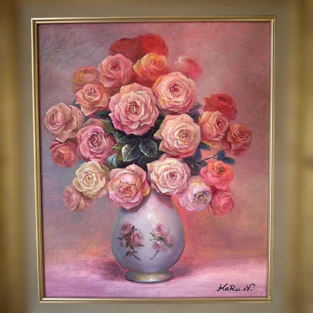 真作 肉筆 キャンバス油彩絵画 薔薇 静物画 新品額縁 インテリア 作家