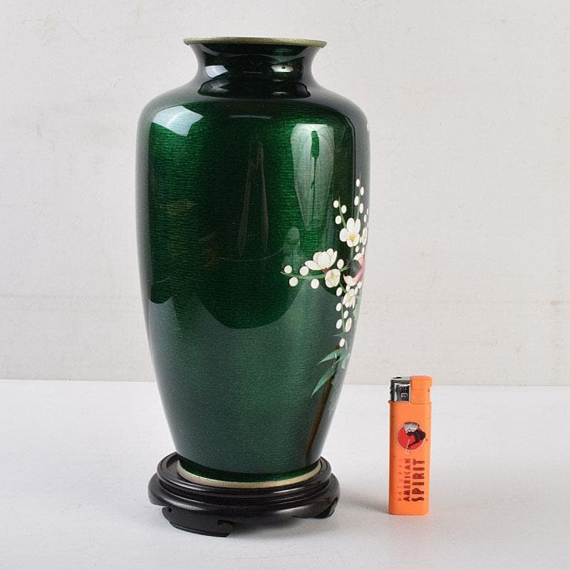 七宝焼 安藤七宝店 緑透釉 四君子文 花瓶 唐木台付 共箱 M